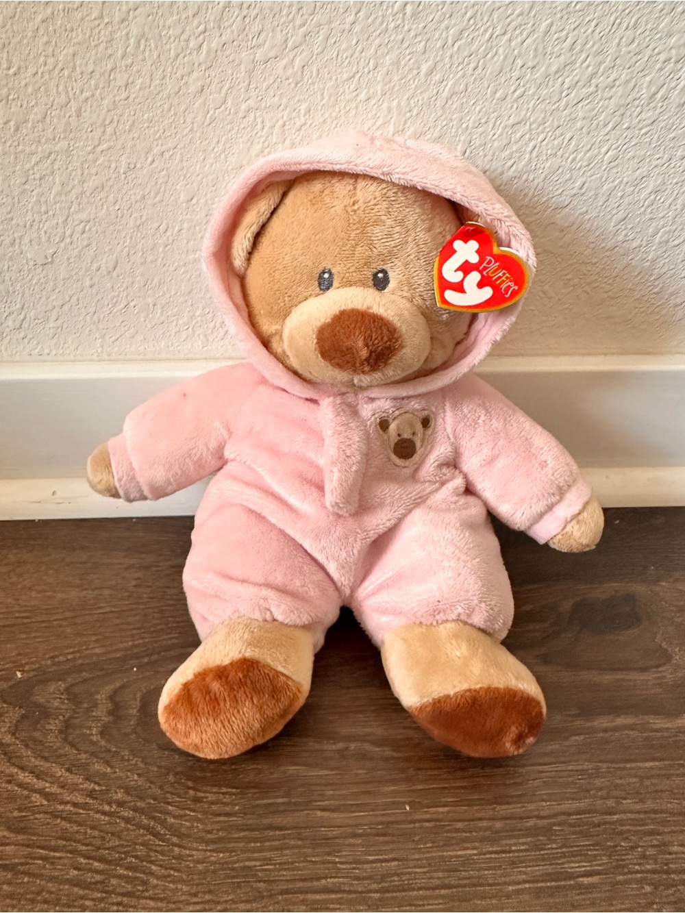 TY 2010 Pluffies Baby Bear Pink Hooded Pajamas Plush Stuffed Animal 11"